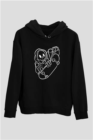 Kaykay - Skateboard Baskılı Unisex Siyah Hoodie
