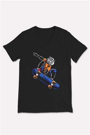 Kaykay - Skateboard Baskılı Unisex Siyah V Yaka Tişört