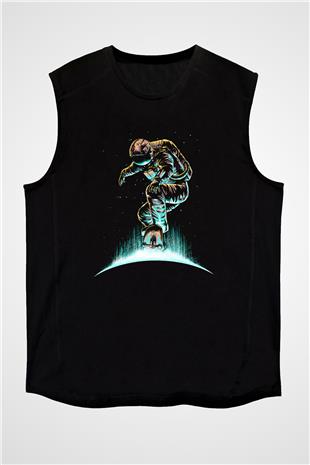 Kaykay - Skateboard Baskılı Unisex Siyah Kolsuz Tişört