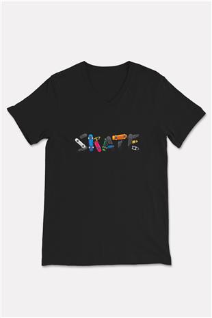 Kaykay - Skateboard Baskılı Unisex Siyah V Yaka Tişört