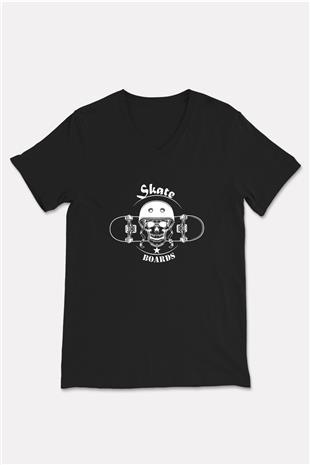 Kaykay - Skateboard Baskılı Unisex Siyah V Yaka Tişört