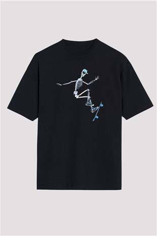 Kaykay - Skateboard Baskılı Unisex Siyah Oversize Tişört