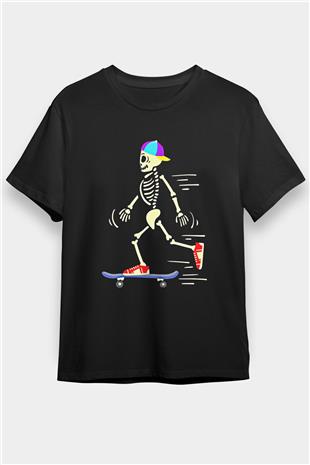 Kaykay - Skateboard Baskılı Unisex Siyah Tişört - Tshirt