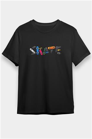 Kaykay - Skateboard Baskılı Unisex Siyah Tişört - Tshirt