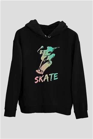 Kaykay - Skateboard Baskılı Unisex Siyah Hoodie