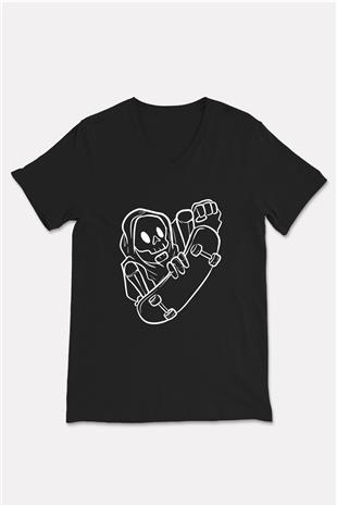 Kaykay - Skateboard Baskılı Unisex Siyah V Yaka Tişört