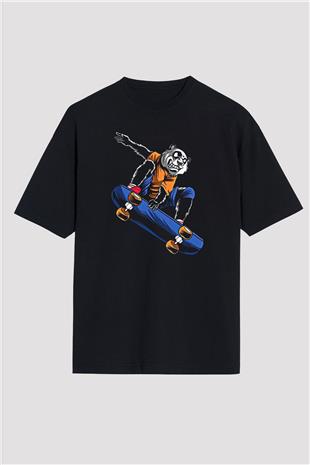 Kaykay - Skateboard Baskılı Unisex Siyah Oversize Tişört