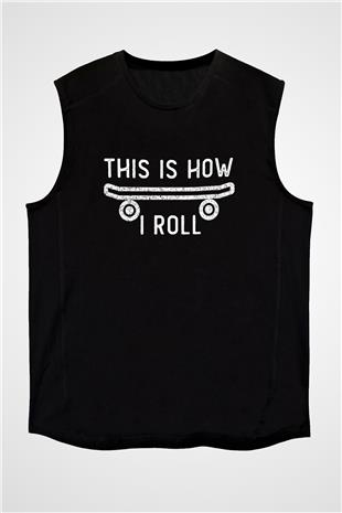 Kaykay - Skateboard Baskılı Unisex Siyah Kolsuz Tişört