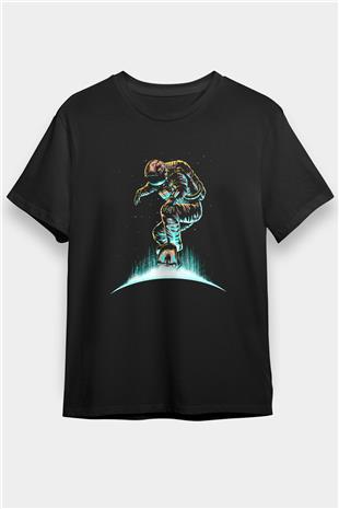 Kaykay - Skateboard Baskılı Unisex Siyah Tişört - Tshirt