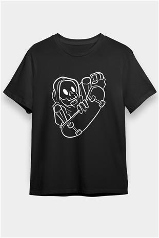 Kaykay - Skateboard Baskılı Unisex Siyah Tişört - Tshirt