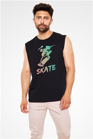 Kaykay - Skateboard Baskılı Unisex Siyah Kolsuz Tişört