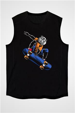 Kaykay - Skateboard Baskılı Unisex Siyah Kolsuz Tişört