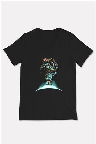 Kaykay - Skateboard Baskılı Unisex Siyah V Yaka Tişört