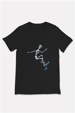 Kaykay - Skateboard Baskılı Unisex Siyah V Yaka Tişört