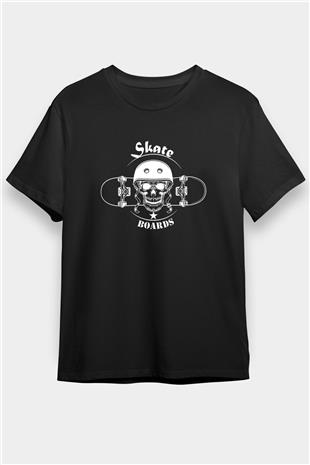 Kaykay - Skateboard Baskılı Unisex Siyah Tişört - Tshirt