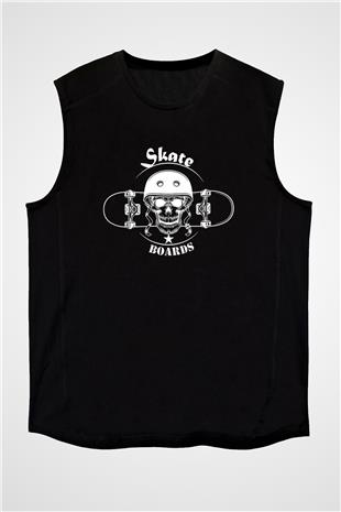 Kaykay - Skateboard Baskılı Unisex Siyah Kolsuz Tişört