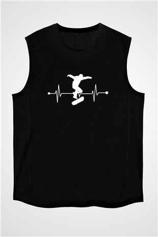 Kaykay - Skateboard Baskılı Unisex Siyah Kolsuz Tişört