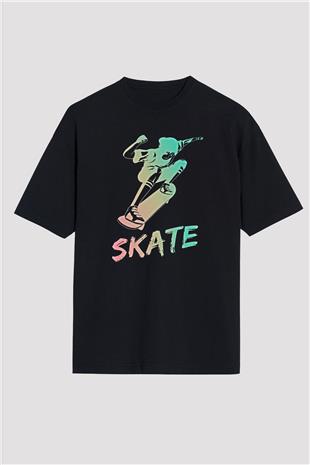 Kaykay - Skateboard Baskılı Unisex Siyah Oversize Tişört