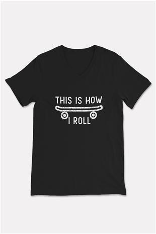 Kaykay - Skateboard Baskılı Unisex Siyah V Yaka Tişört