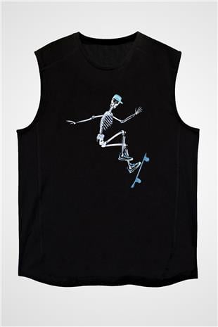 Kaykay - Skateboard Baskılı Unisex Siyah Kolsuz Tişört