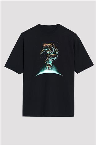 Kaykay - Skateboard Baskılı Unisex Siyah Oversize Tişört