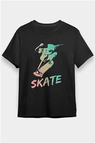 Kaykay - Skateboard Baskılı Unisex Siyah Tişört - Tshirt