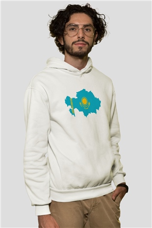 Kazakistan Beyaz Unisex Kapşonlu Sweatshirt