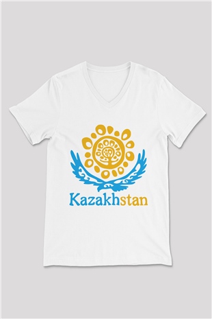 Kazakistan Beyaz Unisex V Yaka Tişört T-Shirt