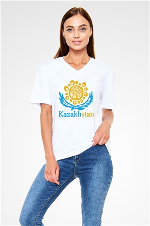 Kazakistan Beyaz Unisex V Yaka Tişört T-Shirt