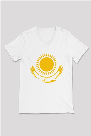 Kazakistan Beyaz Unisex V Yaka Tişört T-Shirt