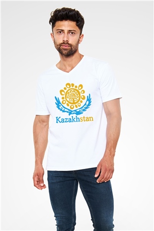 Kazakistan Beyaz Unisex V Yaka Tişört T-Shirt