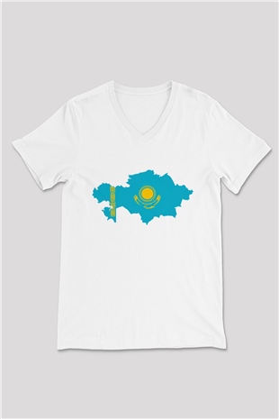 Kazakistan Beyaz Unisex V Yaka Tişört T-Shirt