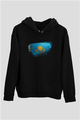 Kazakistan - Kazakhstan Bayrağı Baskılı Unisex Siyah Kapüşonlu Sweatshirt