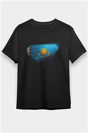 Kazakistan - Kazakhstan Bayrağı Baskılı Unisex Siyah Tişört