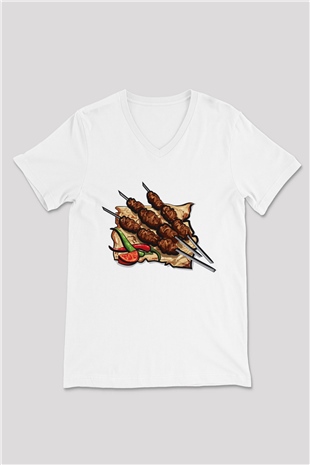 Kebapçı Beyaz Unisex V Yaka Tişört T-Shirt