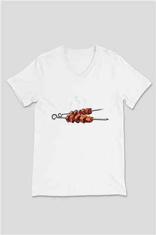 Kebapçı Beyaz Unisex V Yaka Tişört T-Shirt
