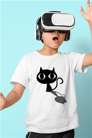 Kedi Baskılı Beyaz Unisex Çocuk Tişört