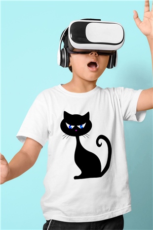 Kedi Baskılı Beyaz Unisex Çocuk Tişört