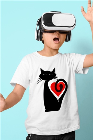 Kedi Baskılı Beyaz Unisex Çocuk Tişört