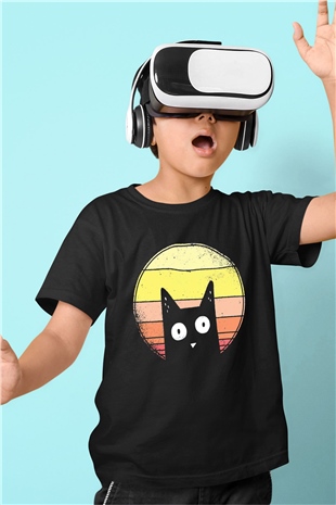 Kedi Baskılı Unisex Siyah  Çocuk Tişört