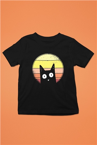 Kedi Baskılı Unisex Siyah  Çocuk Tişört