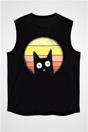 Kedi Baskılı Unisex Siyah  Kolsuz Tişört