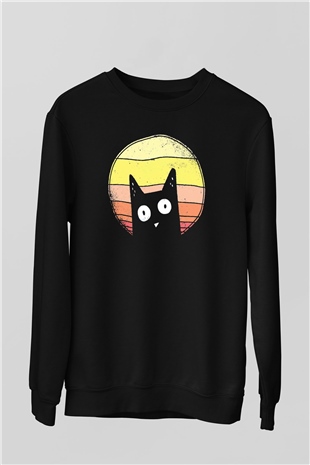 Kedi Baskılı Unisex Siyah  Sweatshirt