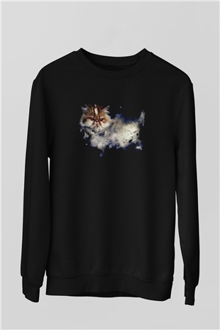 Kedi Baskılı Unisex Siyah  Sweatshirt
