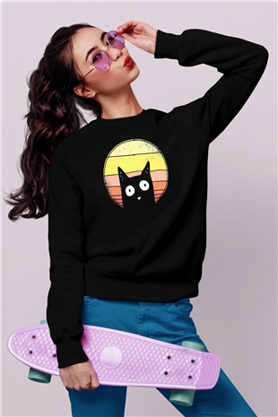 Kedi Baskılı Unisex Siyah  Sweatshirt