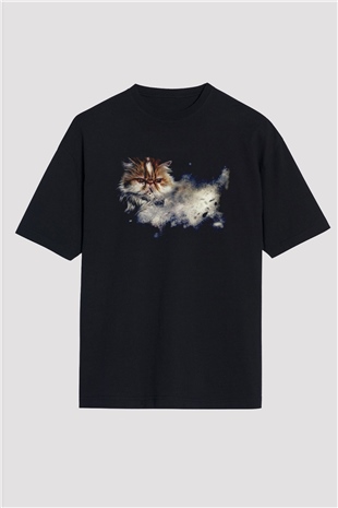 Kedi Baskılı Oversize Siyah Tişört