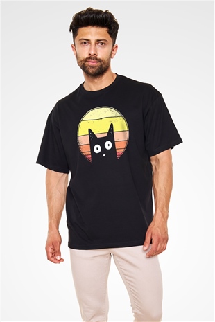 Kedi Baskılı Oversize Siyah Tshirt