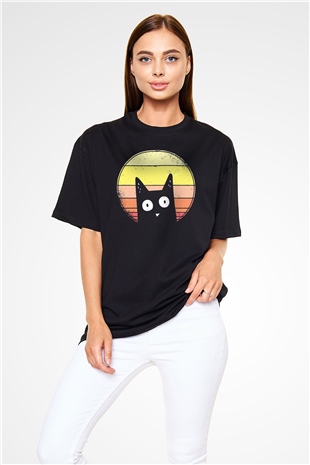 Kedi Baskılı Oversize Siyah Tshirt