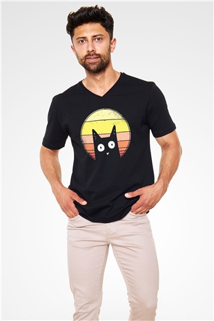 Kedi Baskılı Unisex Siyah  V Yaka Tişört