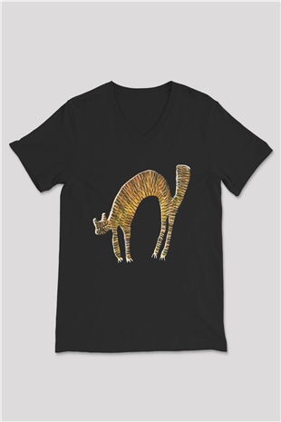 Kedi Baskılı Unisex Siyah  V Yaka Tişört